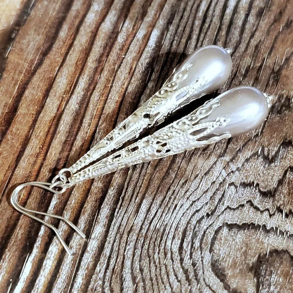 Sustainable Lacy Silver Filigree Gray Platinum Faux Pearl Long Teardrop Earrings - Picture 4 of 6